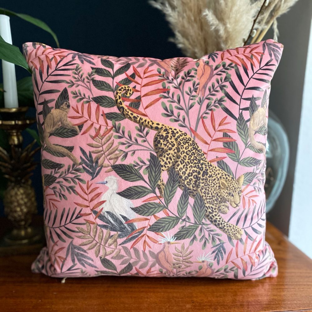 Pink Tropical Leopard, velvet cushion by Lucy Rose