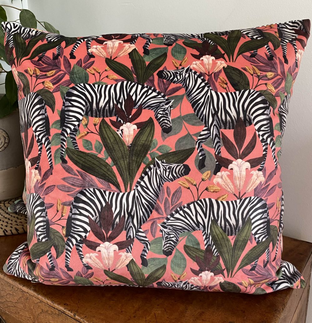 Luxury Velvet Cushion- Zebra Mania Pink for sale by Illustrator Lucy Rose