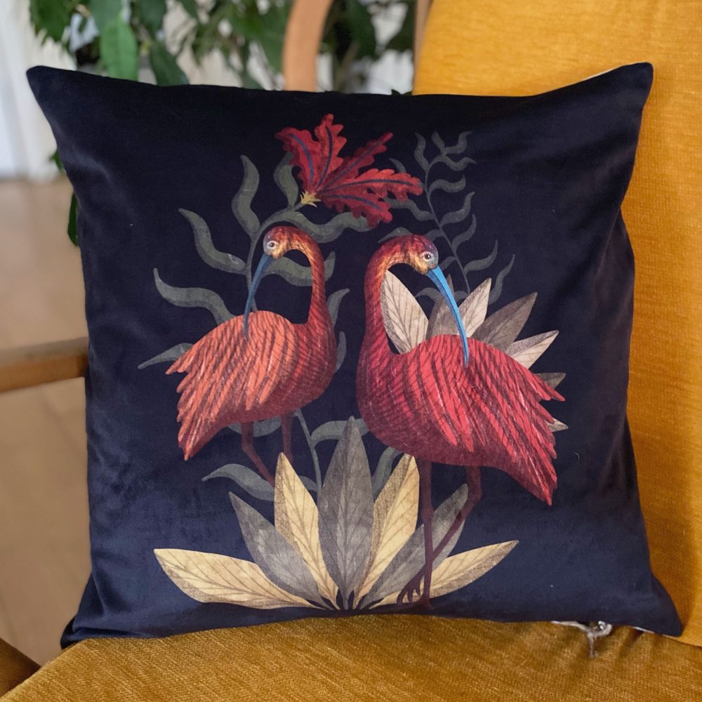 Luxury Velvet Cushion- Scarlet Ibis Dark for sale by illustrator Lucy Rose