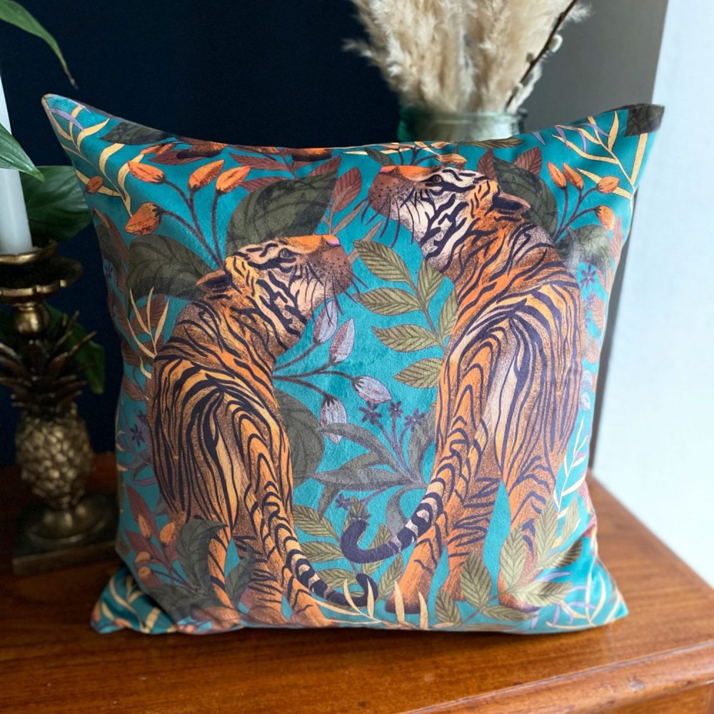 Luxury Velvet Cushion- Tigers II blue for sale by Illustrator Lucy Rose