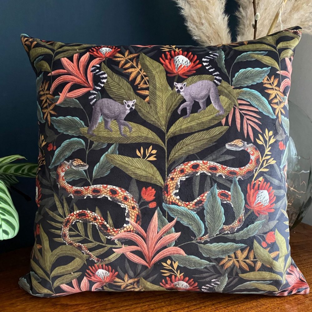 Luxury Velvet Cushion- Tropical Mania for sale by illustrator Lucy Rose