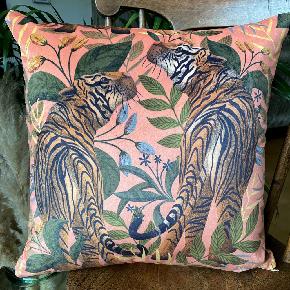 Pink Tiger II luxury velvet cushion, designed by Lucy Rose